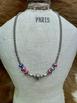 Dahlia with Navajo Pearls and Stamped Silver Necklace