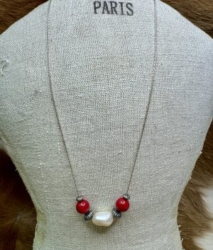 Fresh Water Pearl with Red Coral and Silver on Chain