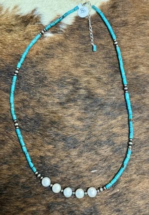 Heishi Turquoise, Navajo and Freshwater Pearls Necklace
