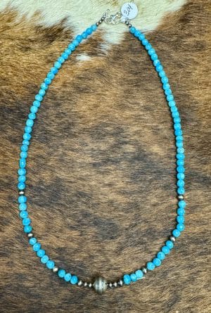 Turquoise, Navajo Pearls, and Stamped Silver Bead Necklace